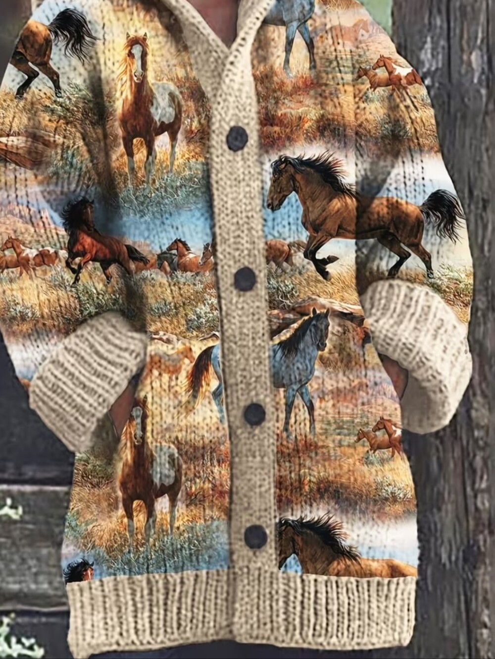 Horse Print Hooded Button-Up Jacket - Cream & Multicolor - Picture 2 of 2